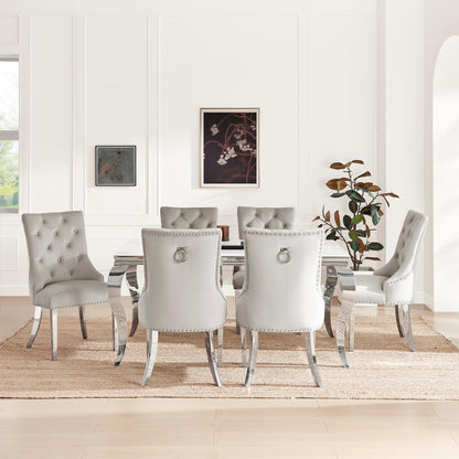 Skye Rectangular White Marble Effect Dining Table & 6 Grey Velvet Belgravia Chairs