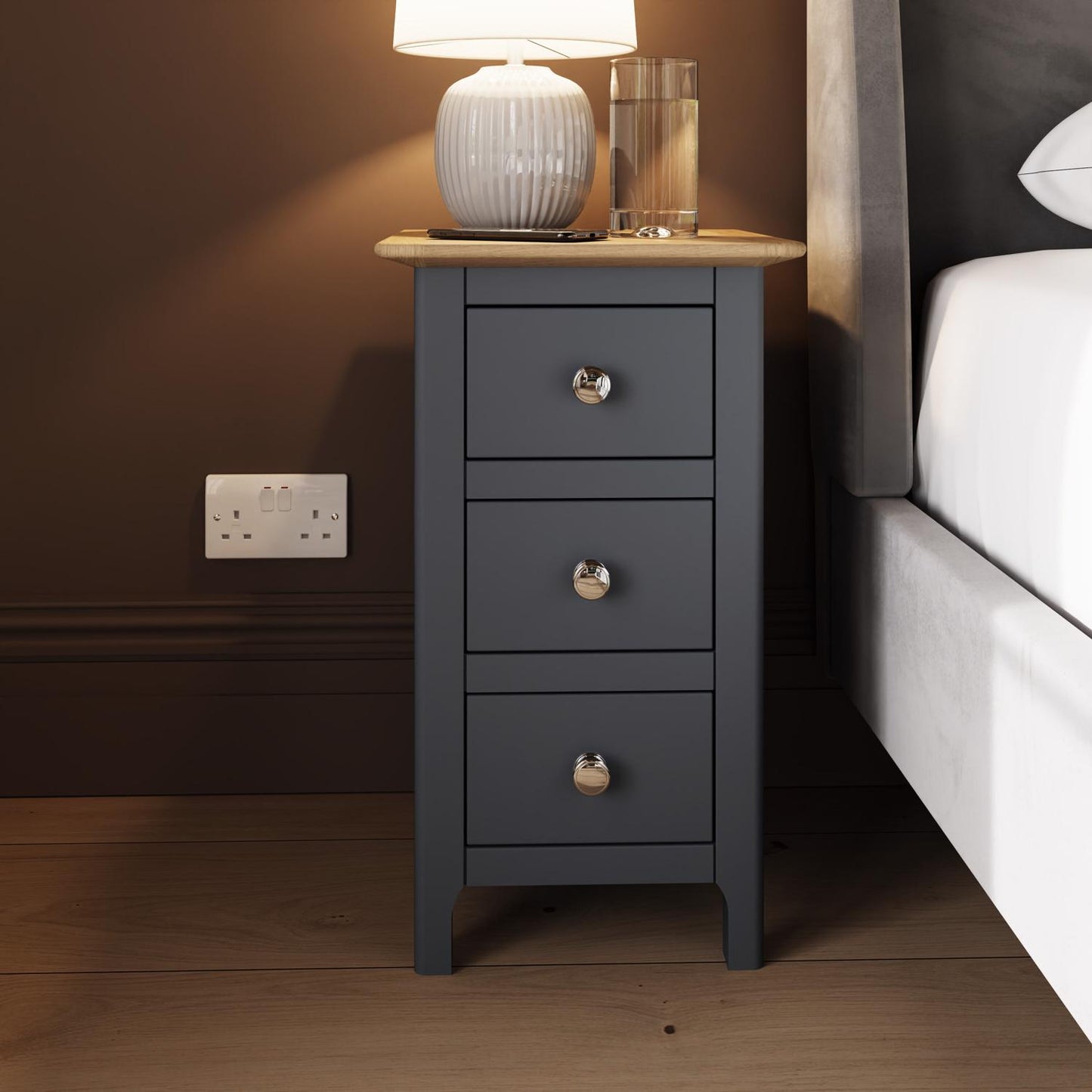 Taberno Oak 3-Drawer Bedside Table – Graphite Blue