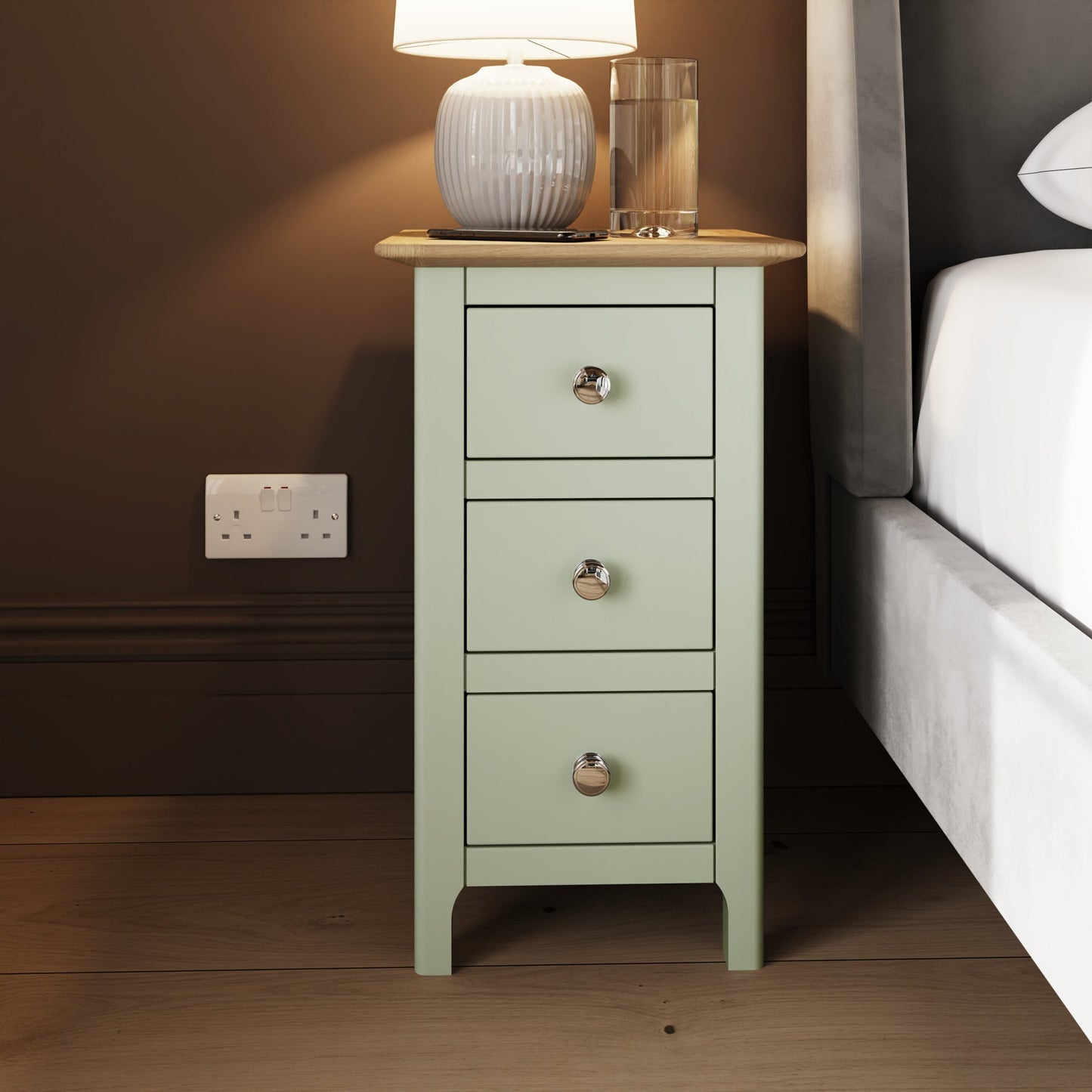 Taberno Oak 3-Drawer Bedside Table – Sage Green