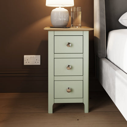 Taberno Oak 3-Drawer Bedside Table – Sage Green