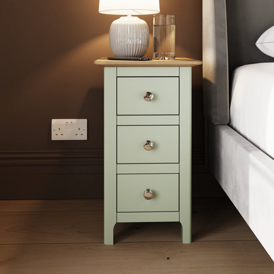 Taberno Oak 3-Drawer Bedside Table – Sage Green