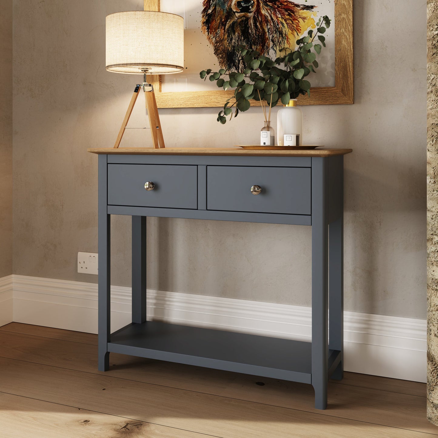 Taberno Graphite Blue Console Table with 2 Drawers – Oak Finish