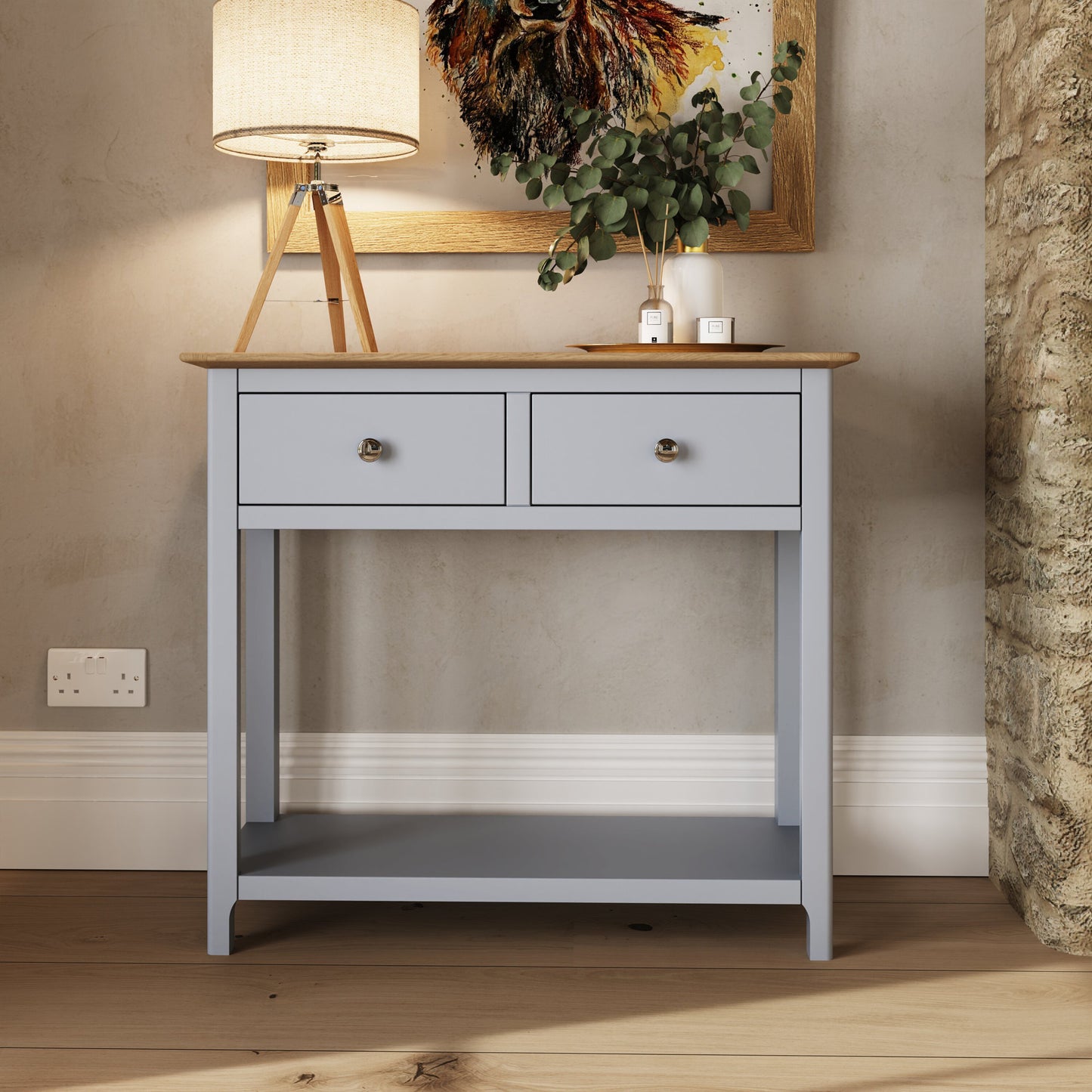 Taberno Dove Grey Console Table with 2 Drawers – Oak Finish