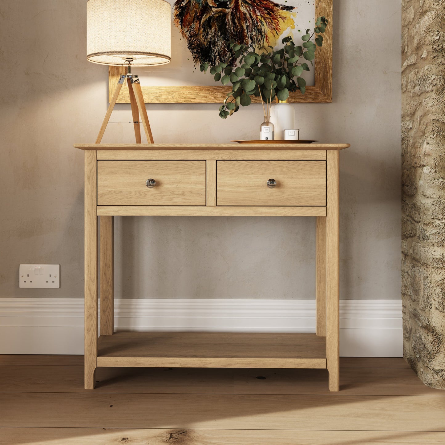 Taberno Natural Oak Console Table with 2 Drawers – Hallway Unit