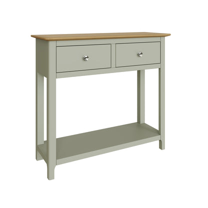 Taberno Sage Green Console Table with 2 Drawers – Oak Finish