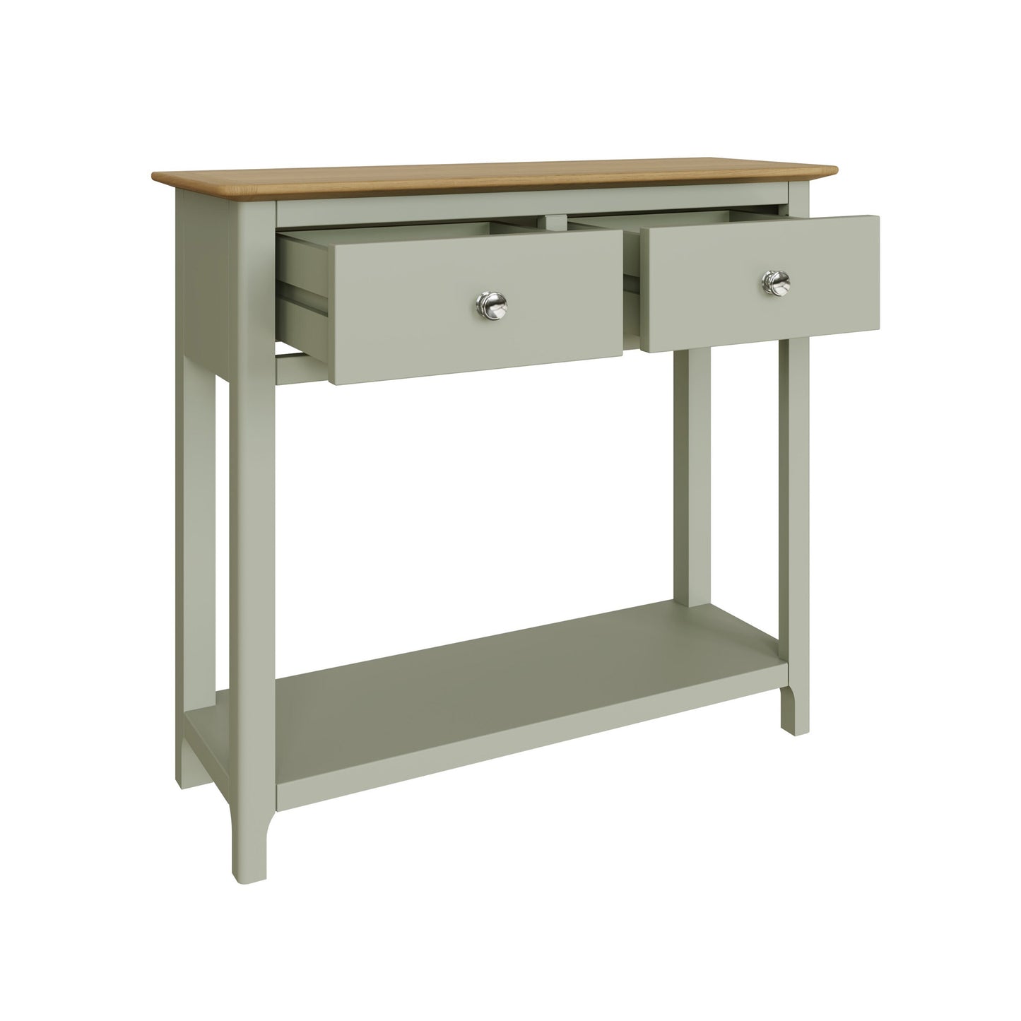 Taberno Sage Green Console Table with 2 Drawers – Oak Finish