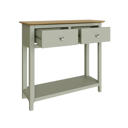 Taberno Sage Green Console Table with 2 Drawers – Oak Finish