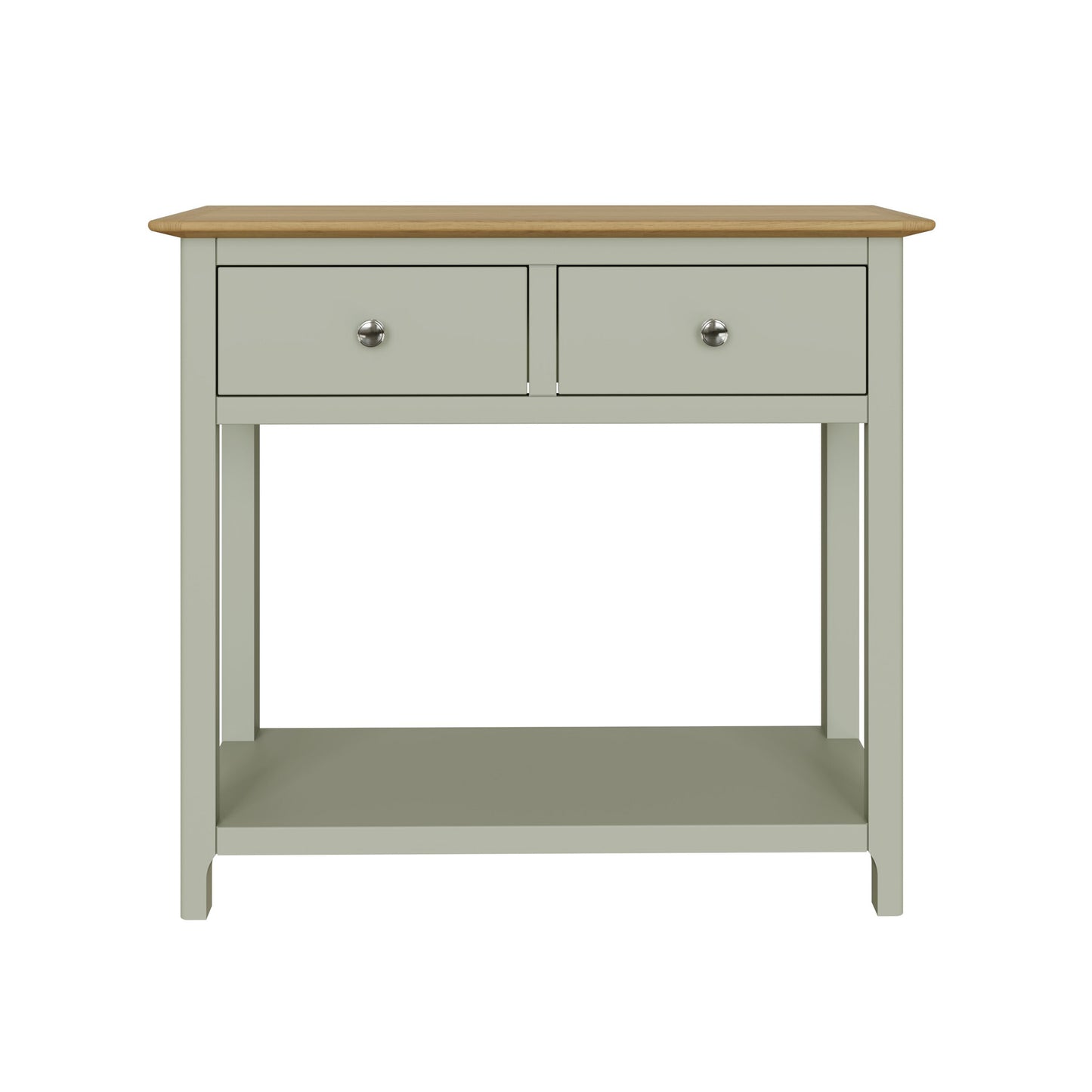 Taberno Sage Green Console Table with 2 Drawers – Oak Finish