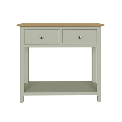 Taberno Sage Green Console Table with 2 Drawers – Oak Finish