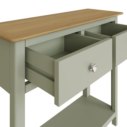Taberno Sage Green Console Table with 2 Drawers – Oak Finish