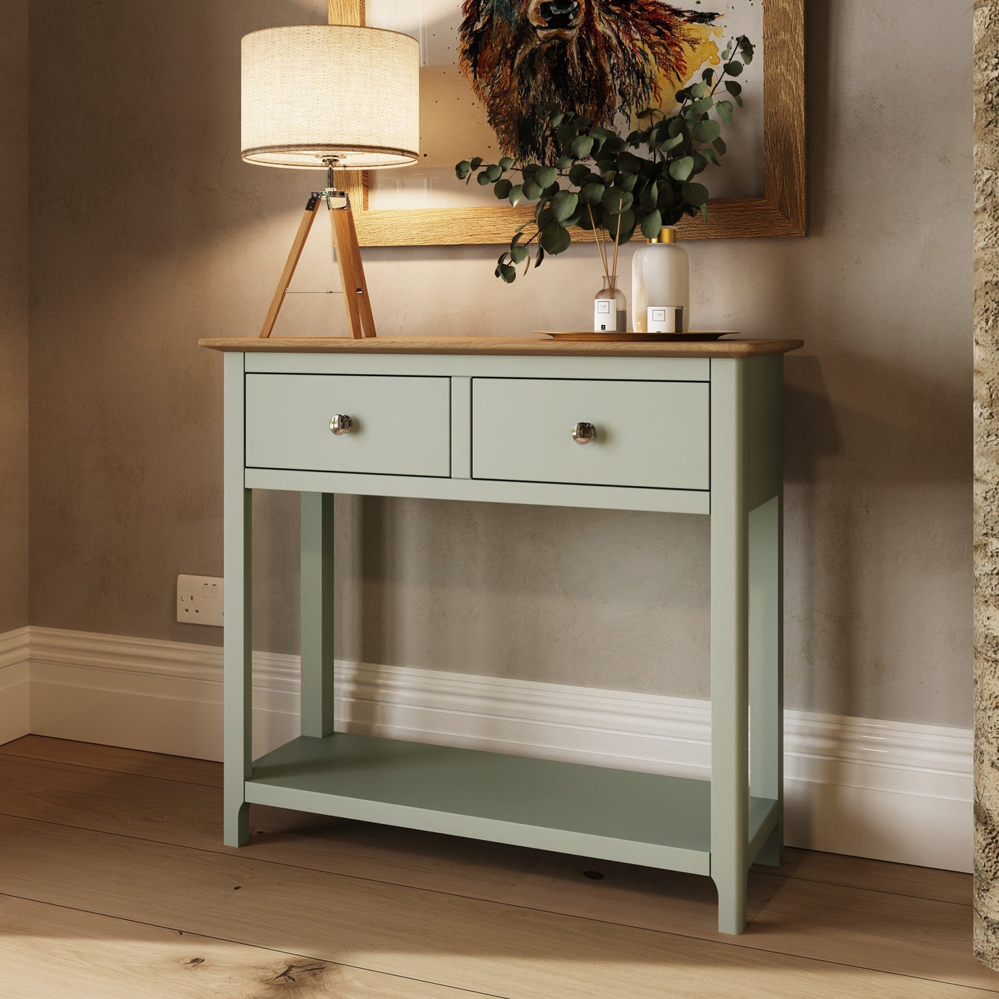 Taberno Sage Green Console Table with 2 Drawers – Oak Finish