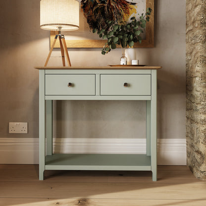 Taberno Sage Green Console Table with 2 Drawers – Oak Finish