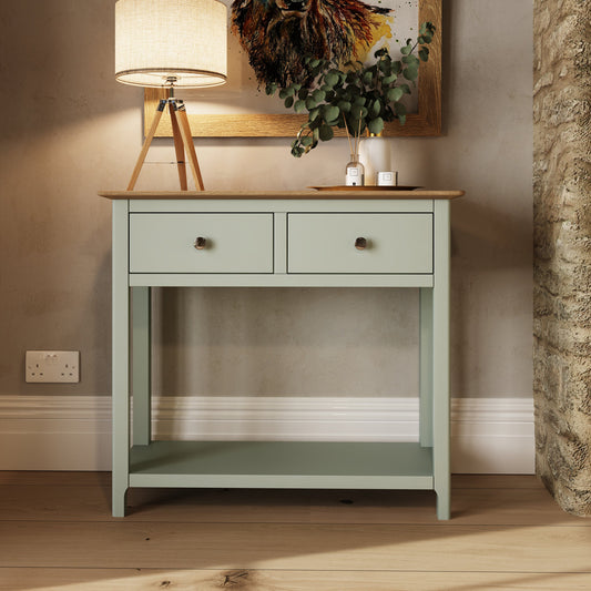 Taberno Sage Green Console Table with 2 Drawers – Oak Finish