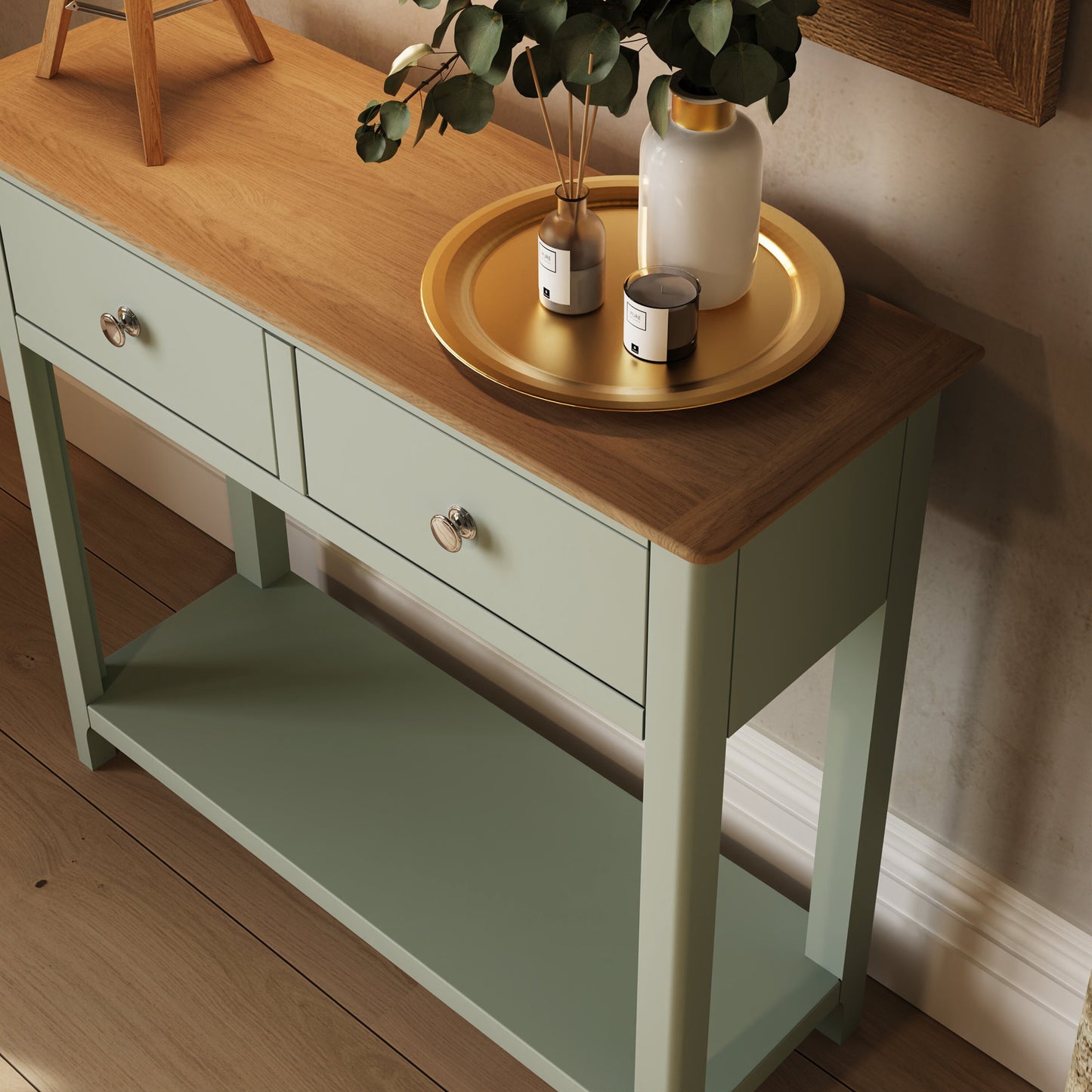 Taberno Sage Green Console Table with 2 Drawers – Oak Finish