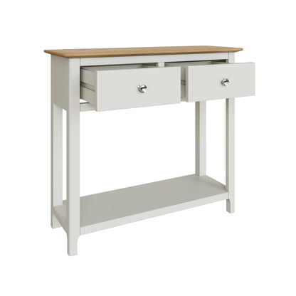 Taberno Linen White Console Table with 2 Drawers – Oak Finish