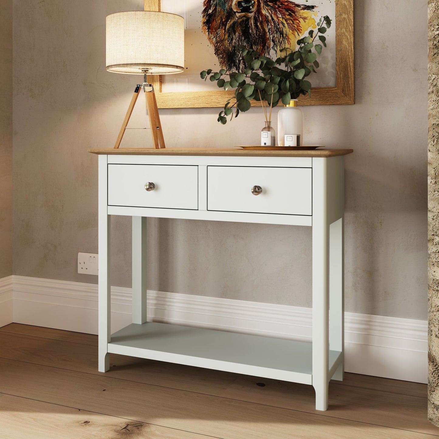 Taberno Linen White Console Table with 2 Drawers – Oak Finish