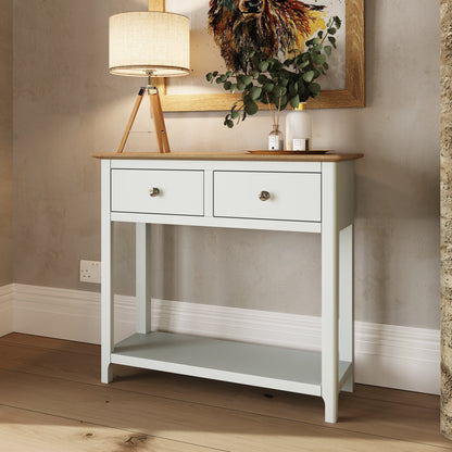 Taberno Linen White Console Table with 2 Drawers – Oak Finish