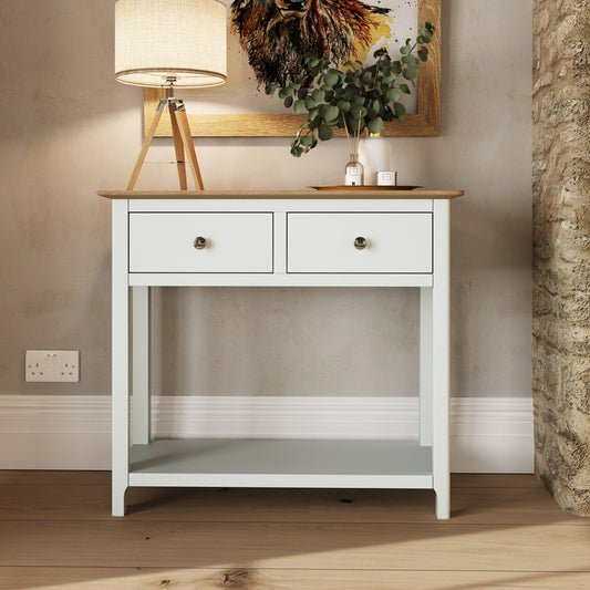 Taberno Linen White Console Table with 2 Drawers – Oak Finish