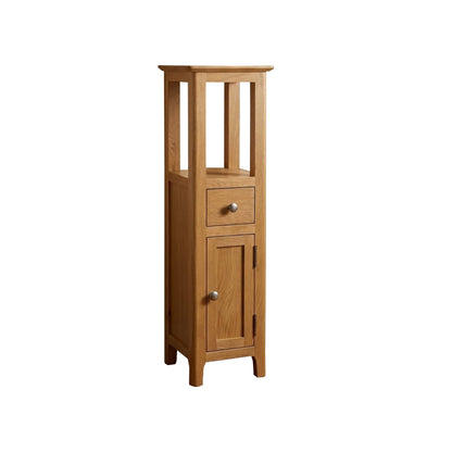 Taberno Oak Tall Slim Storage Cabinet with Drawer & Shelf