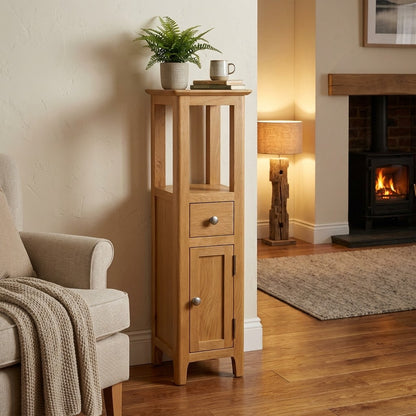 Taberno Oak Tall Slim Storage Cabinet with Drawer & Shelf