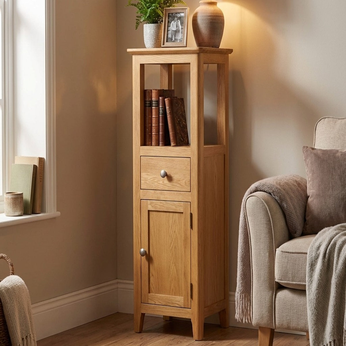 Taberno Oak Tall Slim Storage Cabinet with Drawer & Shelf