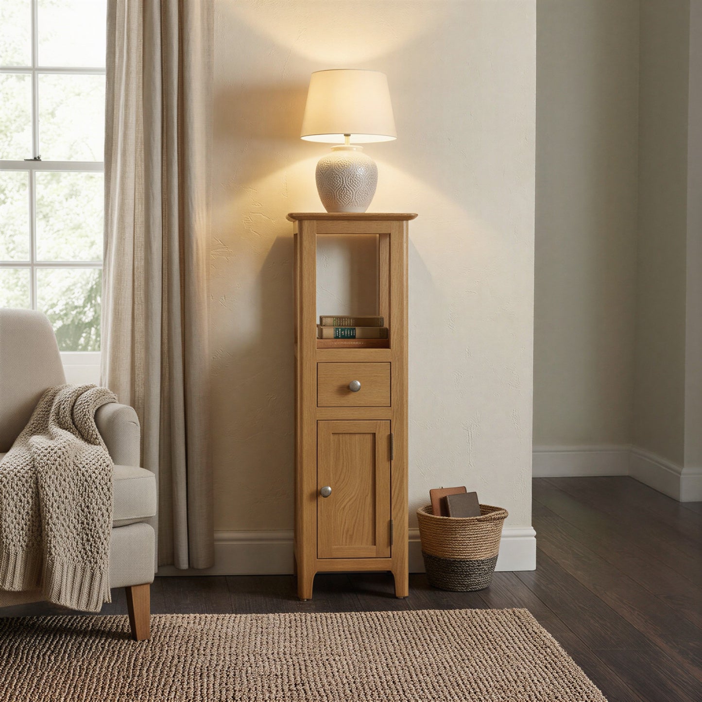 Taberno Oak Tall Slim Storage Cabinet with Drawer & Shelf