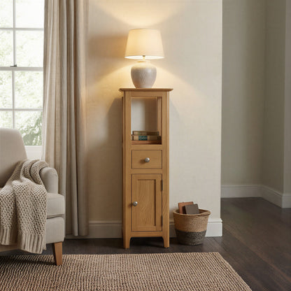 Taberno Oak Tall Slim Storage Cabinet with Drawer & Shelf