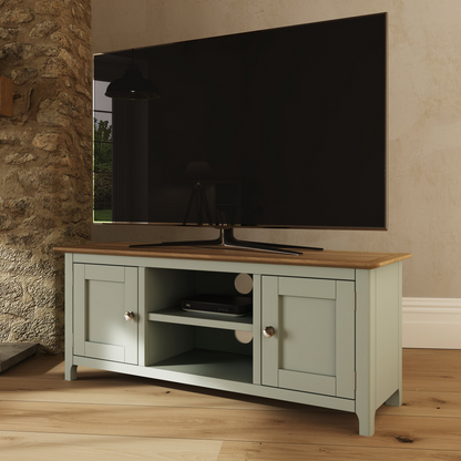 Taberno Oak 2 Door TV Unit in Sage Green