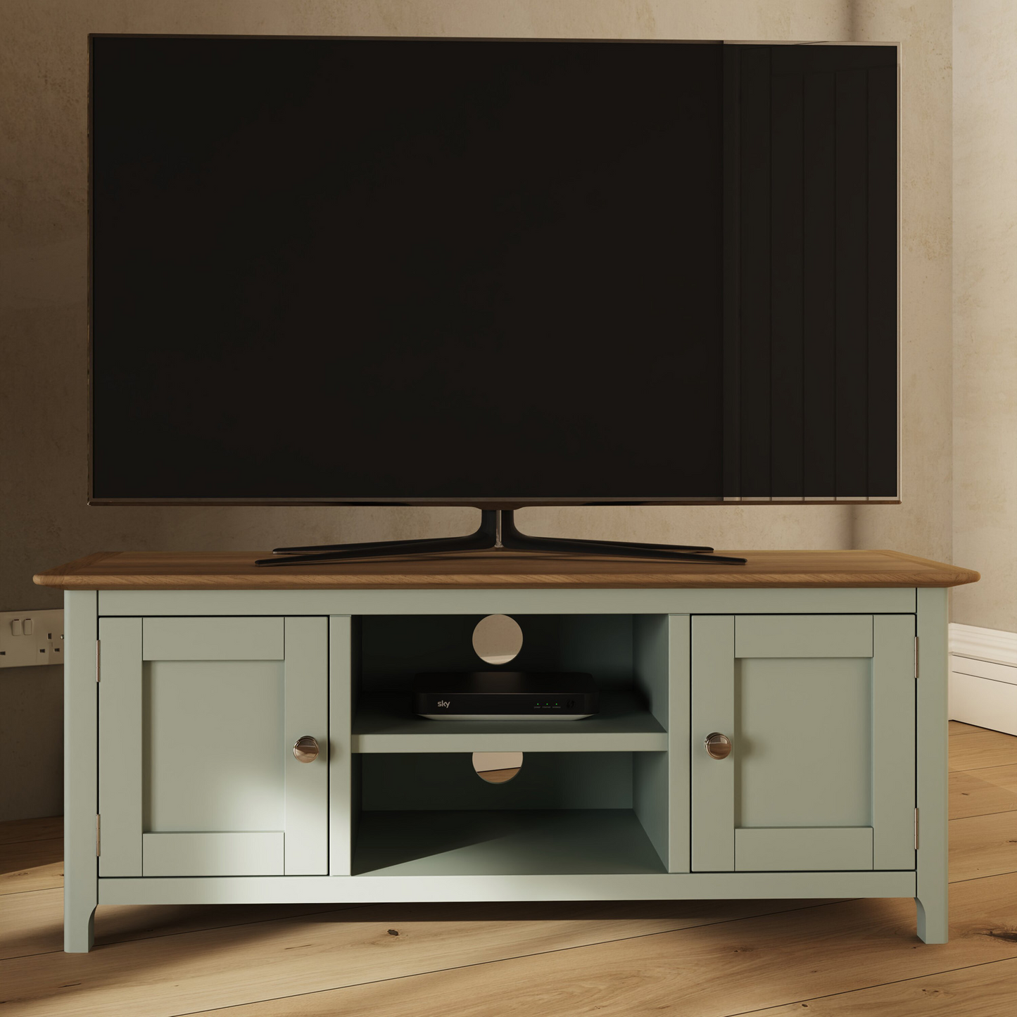 Taberno Oak 2 Door TV Unit in Sage Green