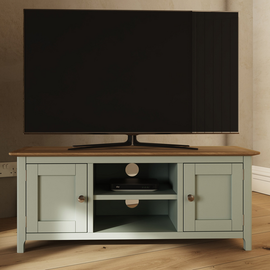 Taberno Oak 2 Door TV Unit in Sage Green