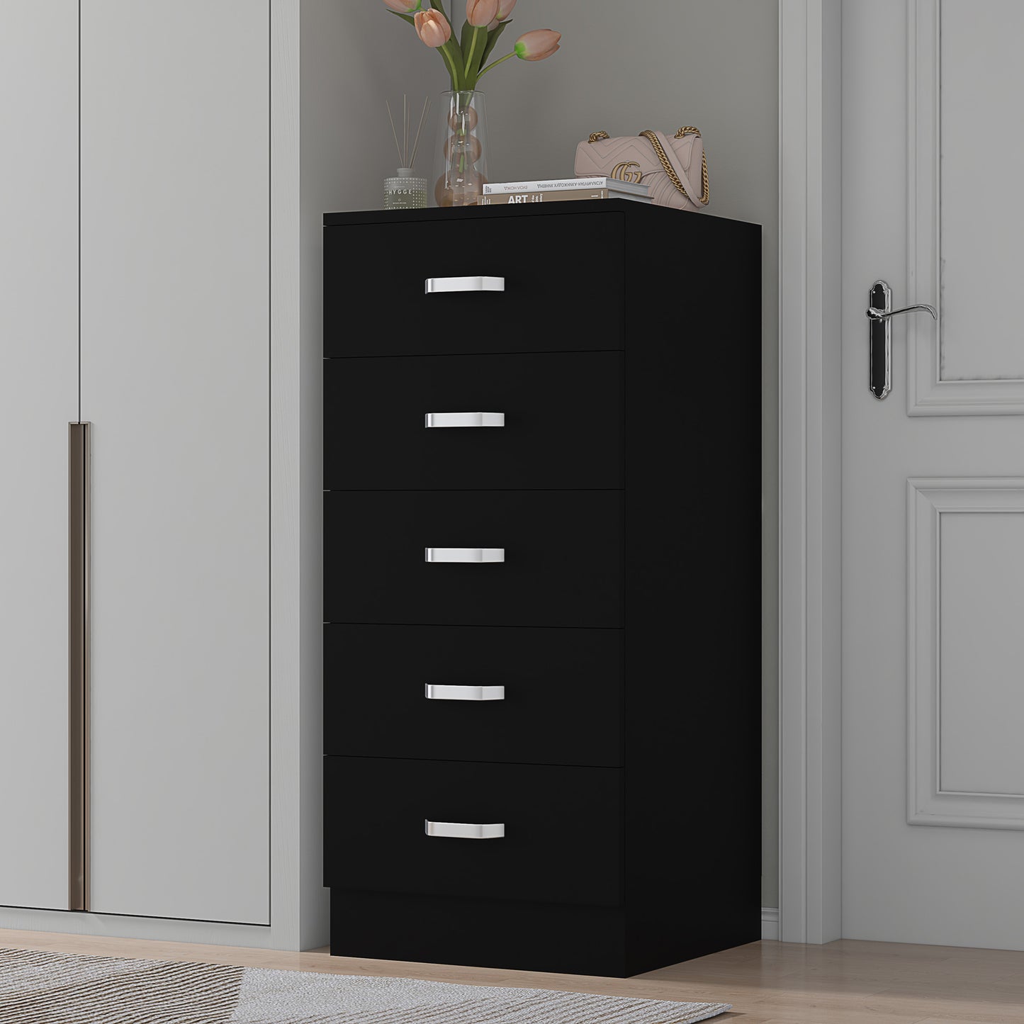 FWStyle Tunis 5-Drawer Tallboy Slim Chest – Matt Black