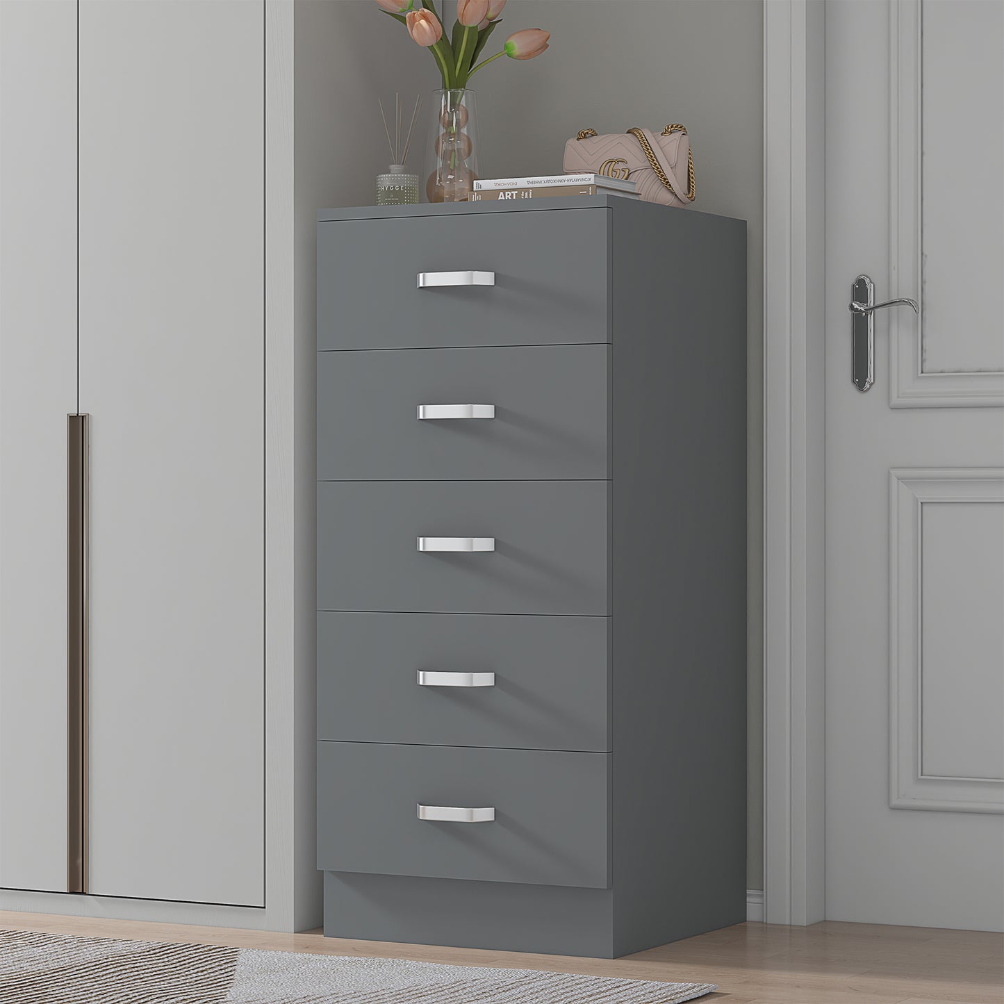 FWStyle Tunis 5-Drawer Tallboy Slim Chest – Matt Grey