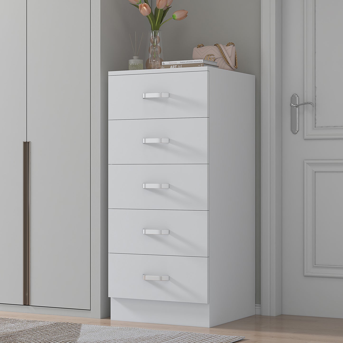 FWStyle Tunis 5-Drawer Tallboy Slim Chest – Matt White