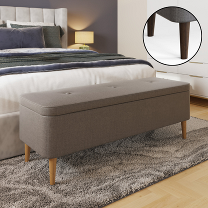 Grey Linen Ottoman Storage Bench with Wooden Legs