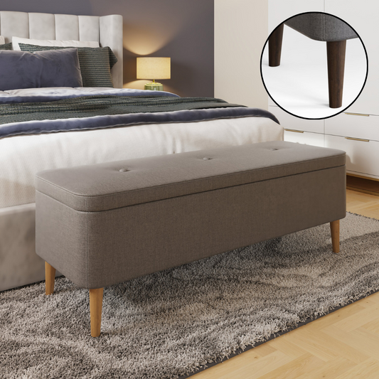 Grey Linen Ottoman Storage Bench with Wooden Legs