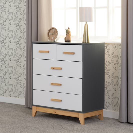 Cleveland 3+2 Drawer Chest White/Grey Metal Effect Storage