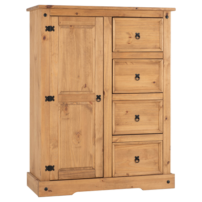 Corona 1 Door 4 Drawer Low Wardrobe Distressed Waxed Pine