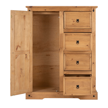 Corona 1 Door 4 Drawer Low Wardrobe Distressed Waxed Pine