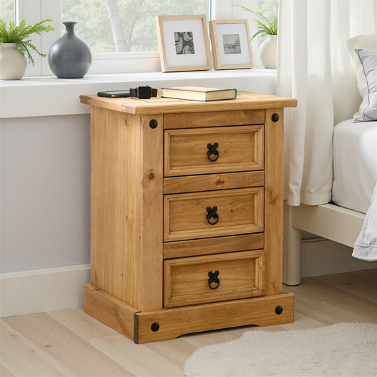 Corona 3 Drawer Bedside Distressed Waxed Pine