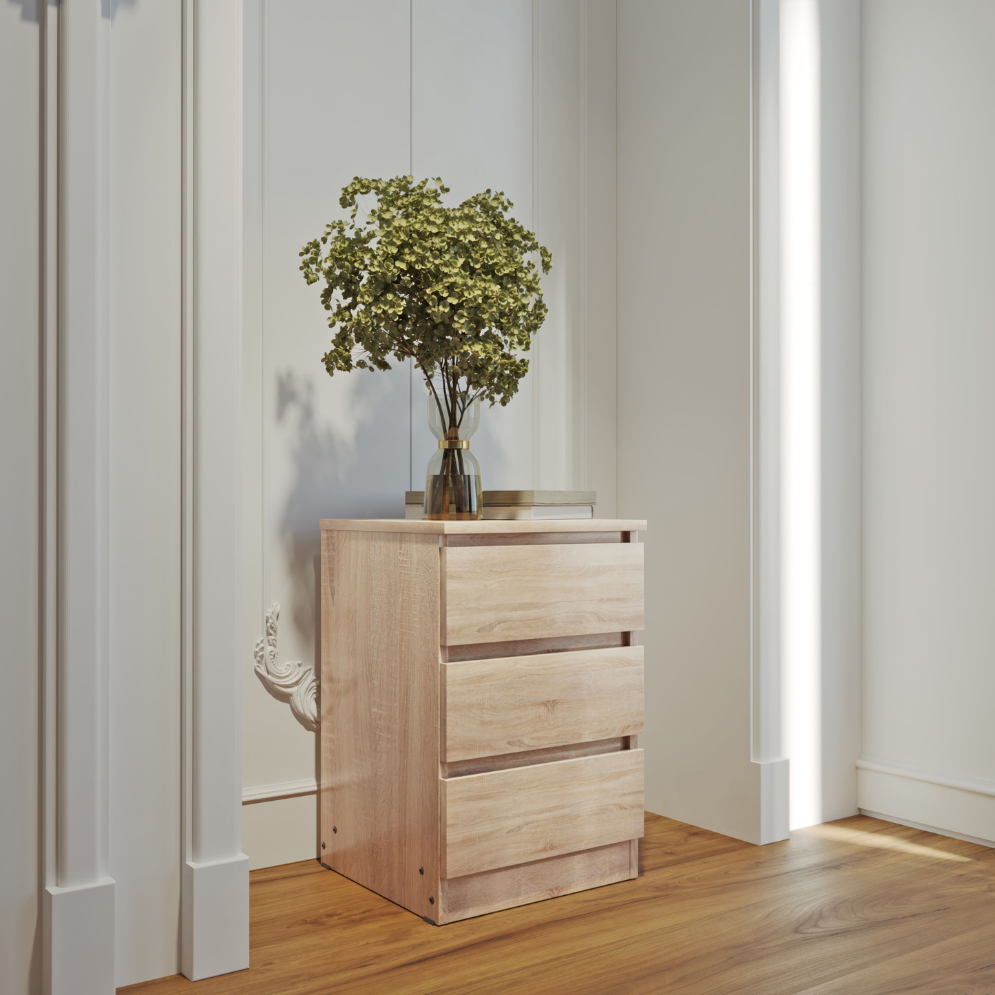 Malvern 3 Drawer Bedside – Sonoma Oak Effect Storage