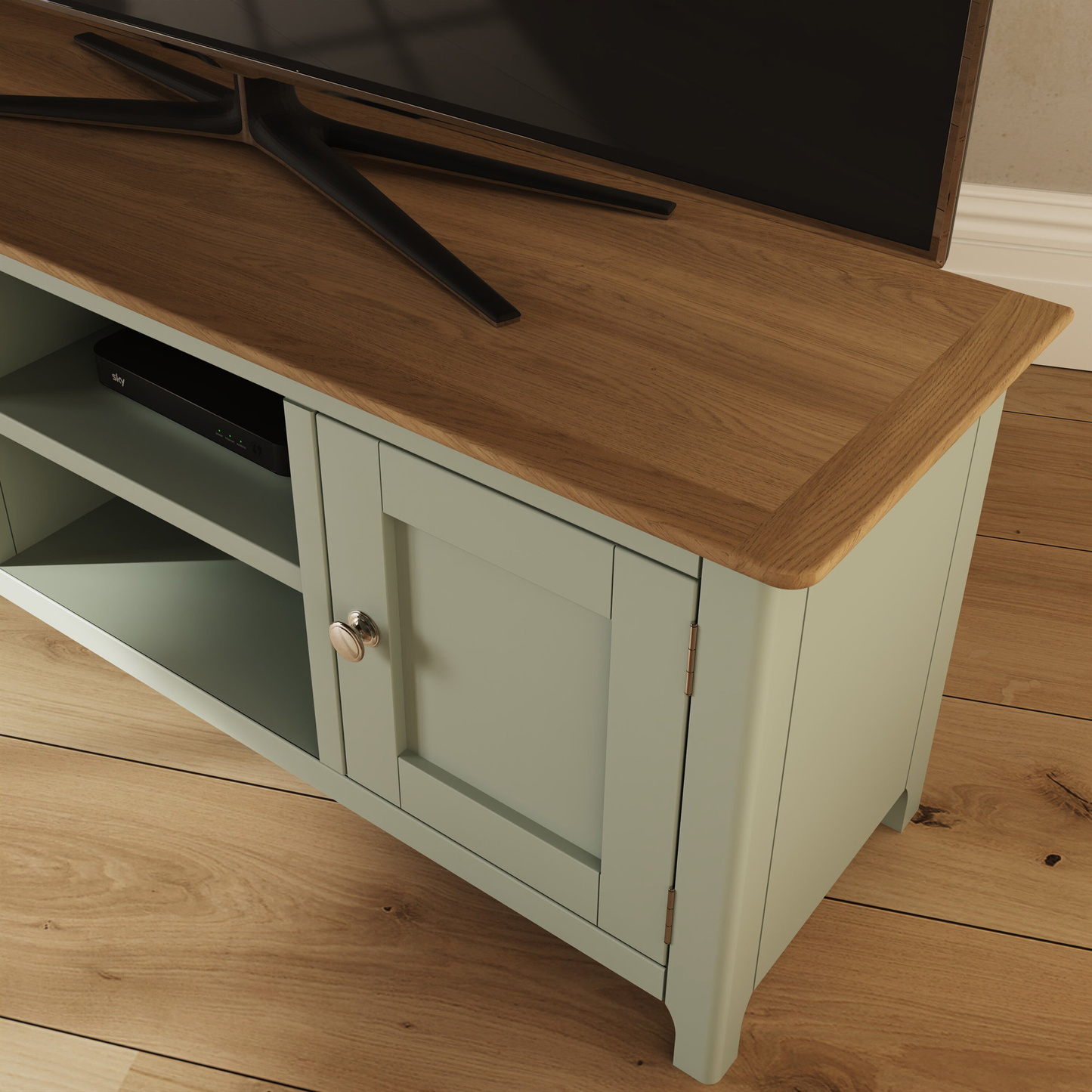 Taberno Oak 2 Door TV Unit in Sage Green