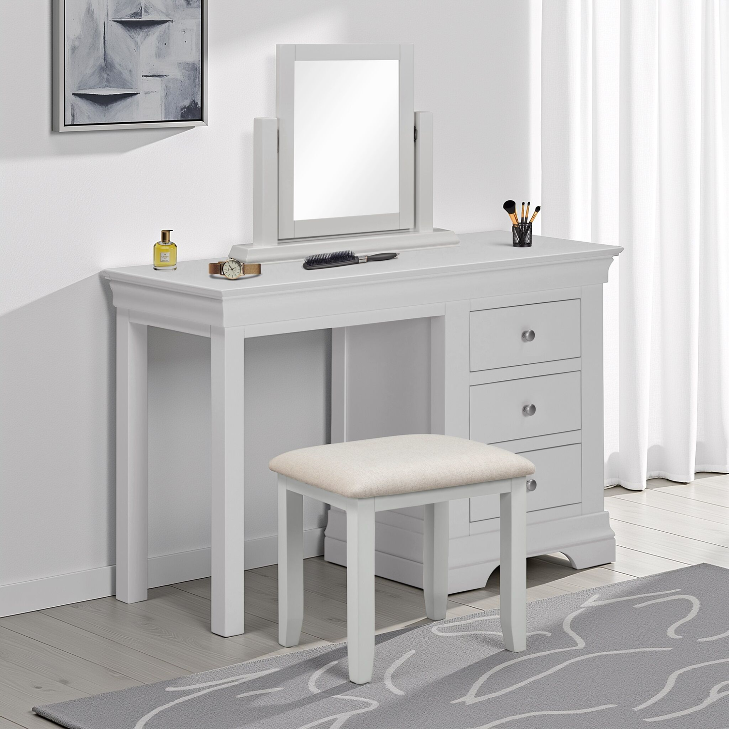 Bordeaux 3 Drawer Dressing Table Set Pebble Grey Oat Fabric Vanity Set