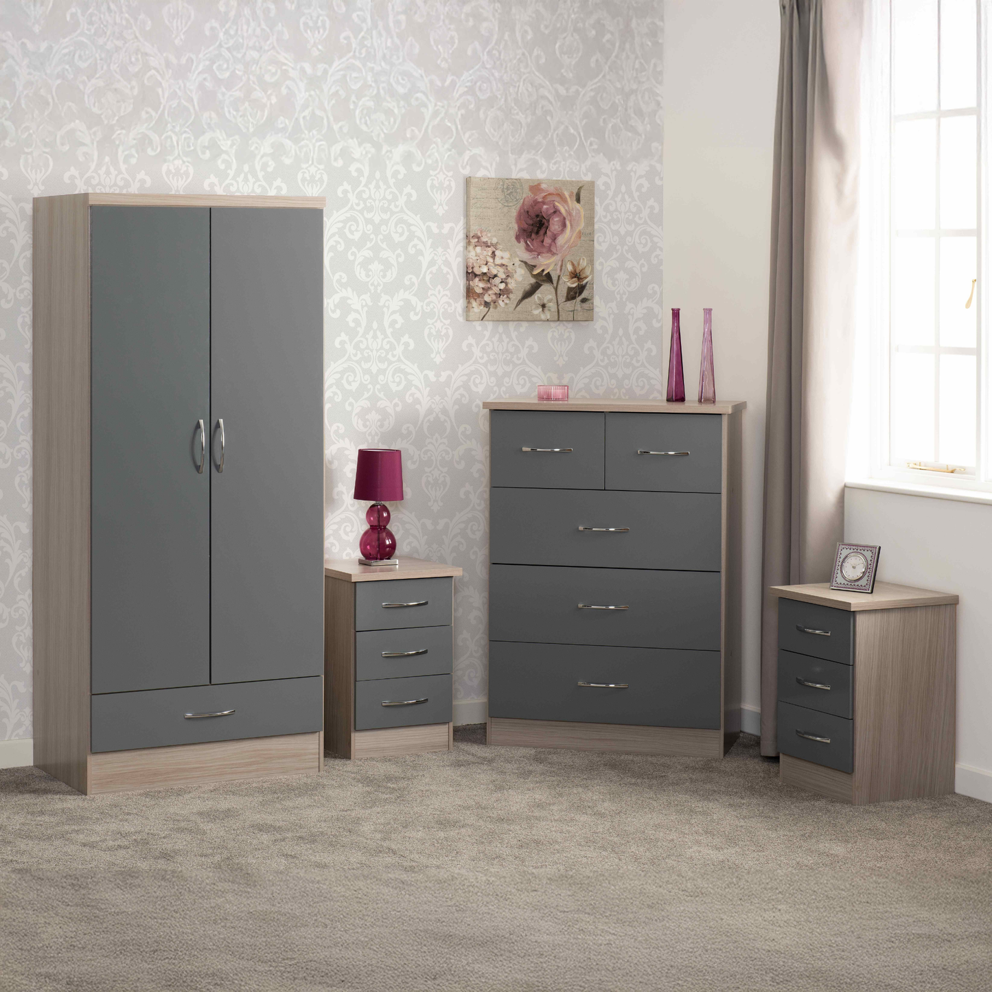 Nevada 2 Door 1 Drawer Wardrobe - Grey Gloss/Oak Effect