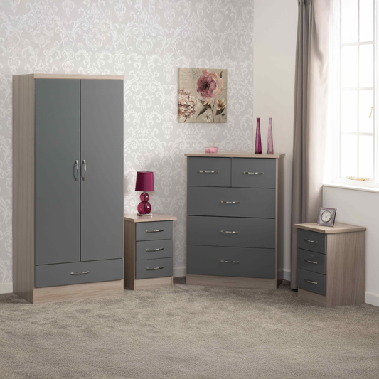 Nevada 2 Door 1 Drawer Wardrobe - Grey Gloss/Oak Effect
