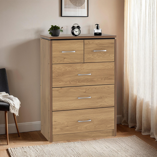 Charles 3+2 Drawer Chest Oak Effect Veneer Storage Unit