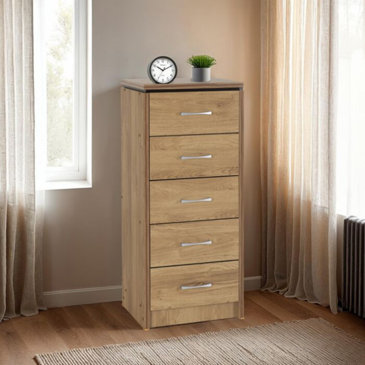 Charles 5 Drawer Narrow Chest Oak Effect Veneer Storage