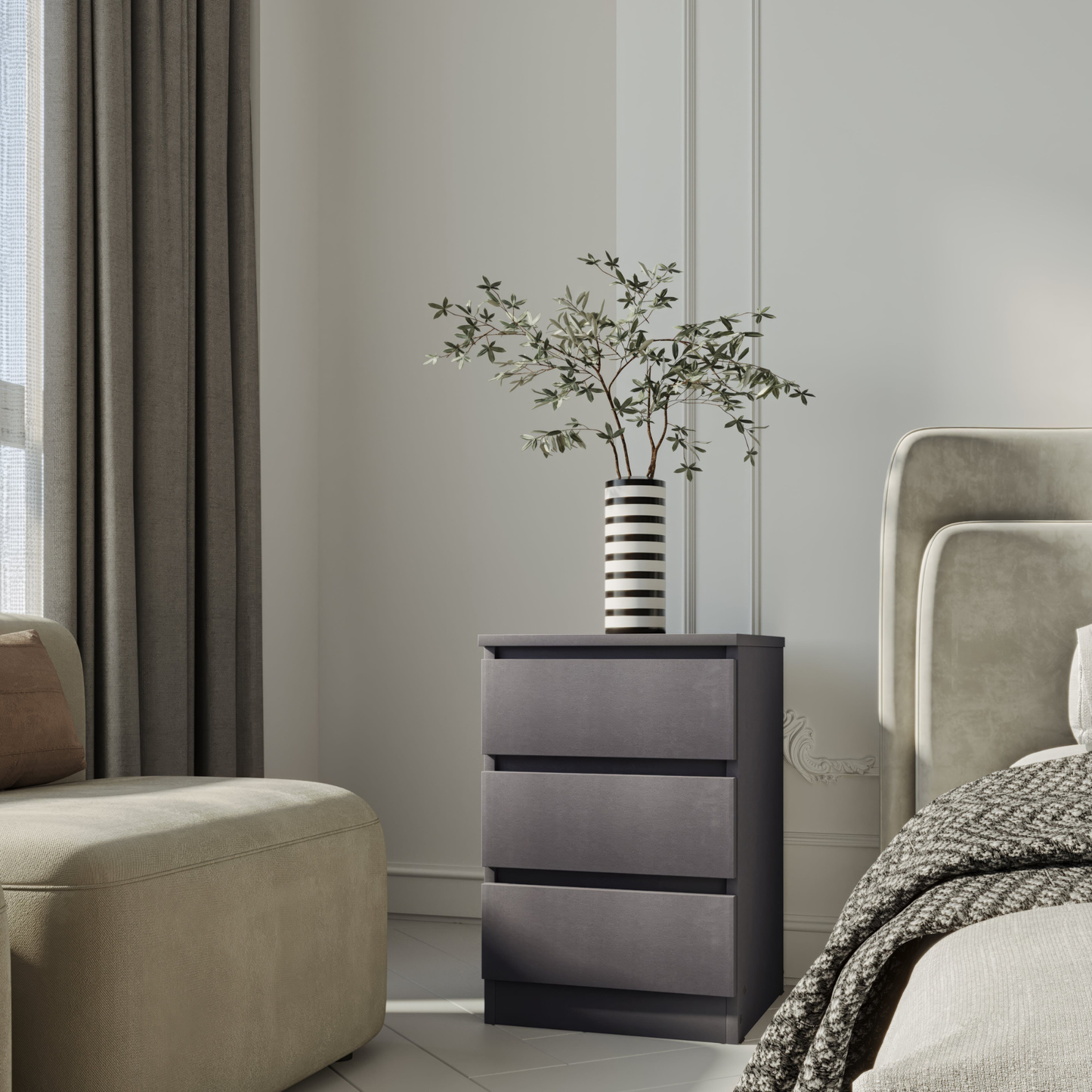 Malvern 3 Drawer Bedside – Grey Storage