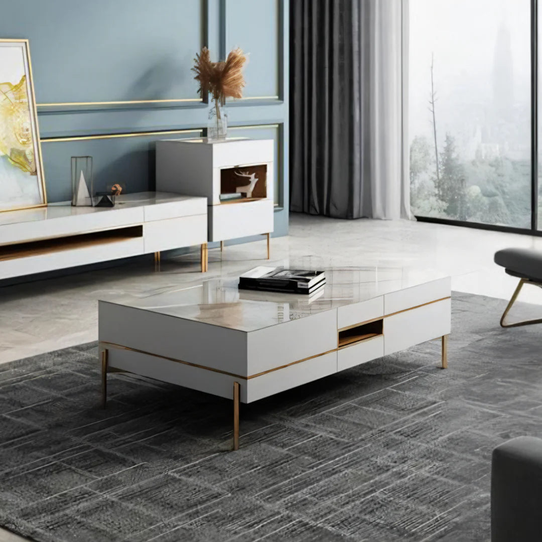 VIda Rectangle Coffee Table Set With TV Stand, Gold Leg