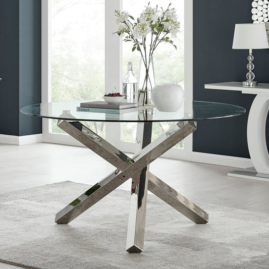Vogue Round Glass and Silver Metal Large 6 Seater Dining Table