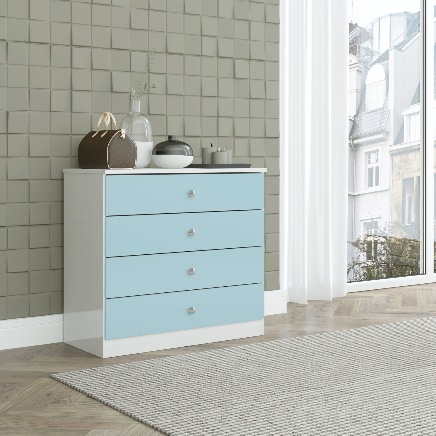 Denver 4 Drawer Chest – White/Blue Gloss, Stylish Storage Solution